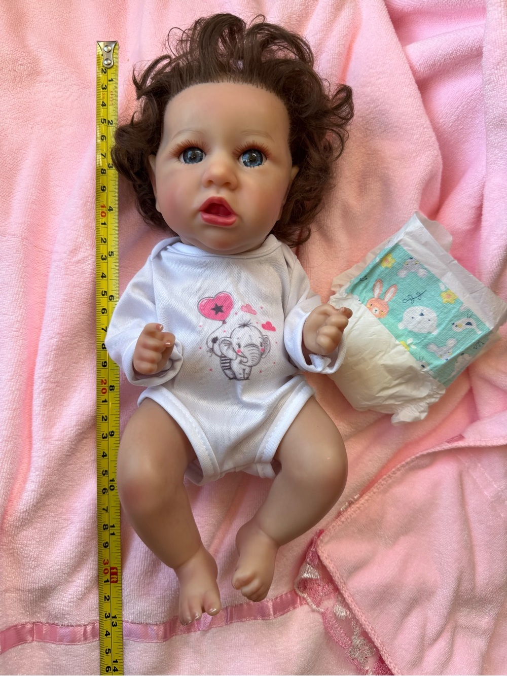 RGB Realistic Girl Newborn Baby Doll Brown Curly Hair Lifelike Blue Eyes